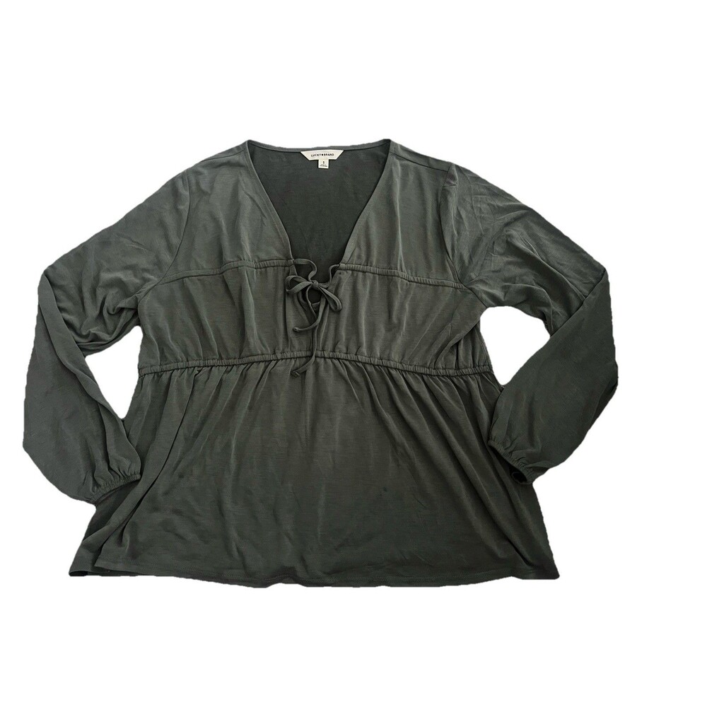 Lucky Brand Womens Boho Tie Shirt Blouse Olive Green Long Sleeve - Picture 1 of 4